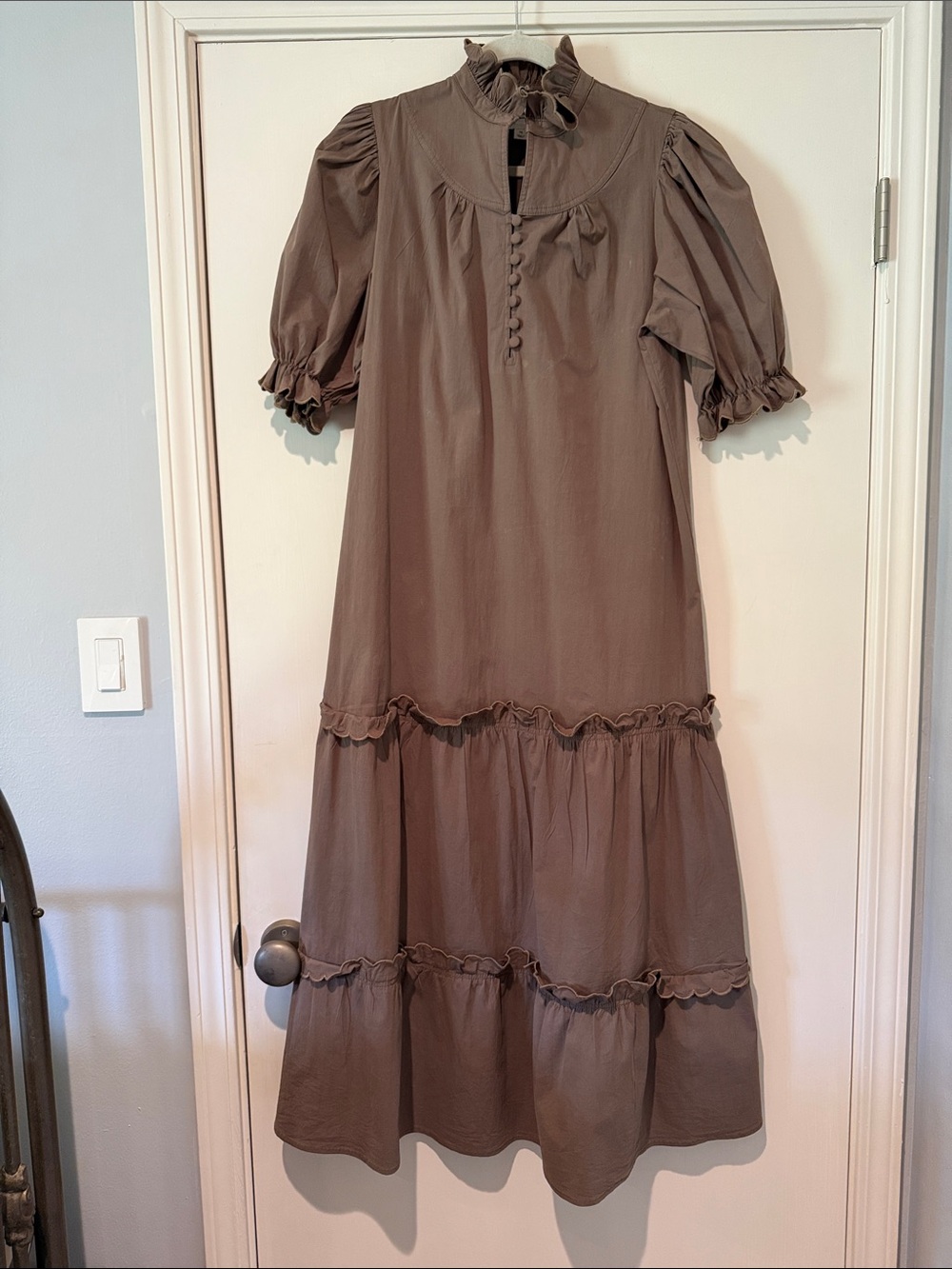 Pomander Place Taupe Ruffle Tiered Maxi Dress